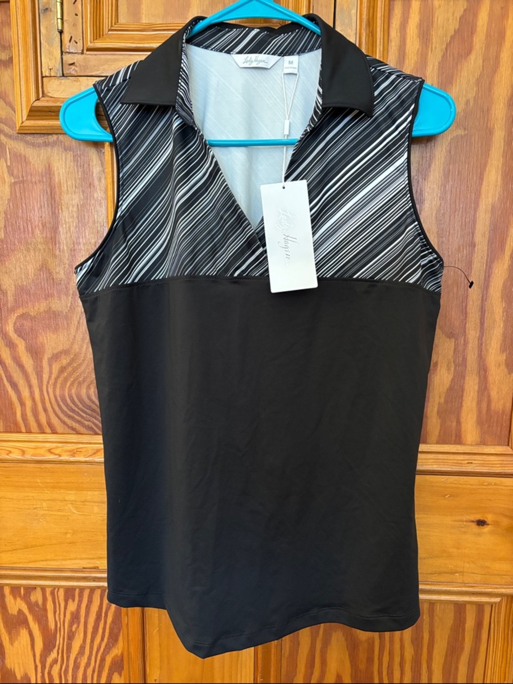 Lady Hagen Black Sleeveless Polo Tank with Striped Yoke Detail